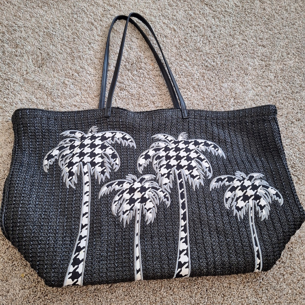 VERA BRADLEY Large Beach Straw Tote Bag Palm Trees Black Houndstooth Print